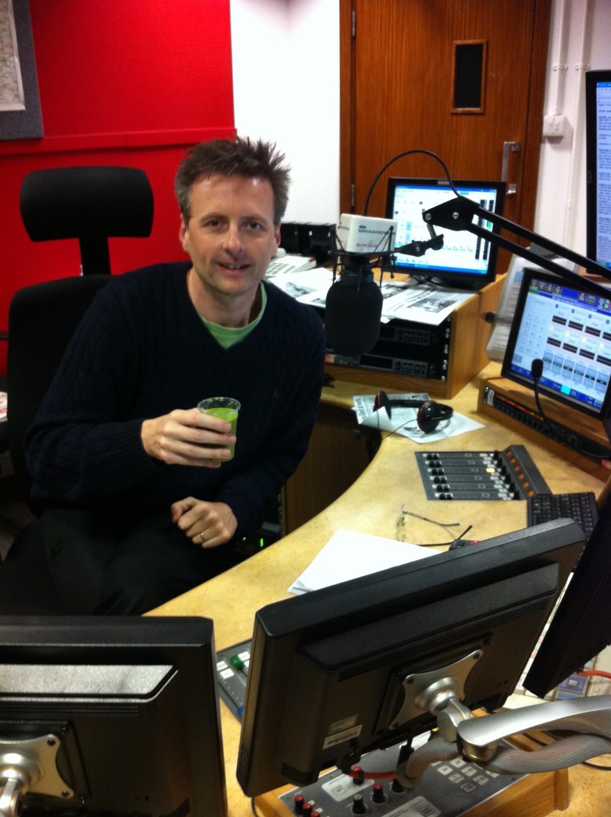 In the radio studio with a green juice, April 2014